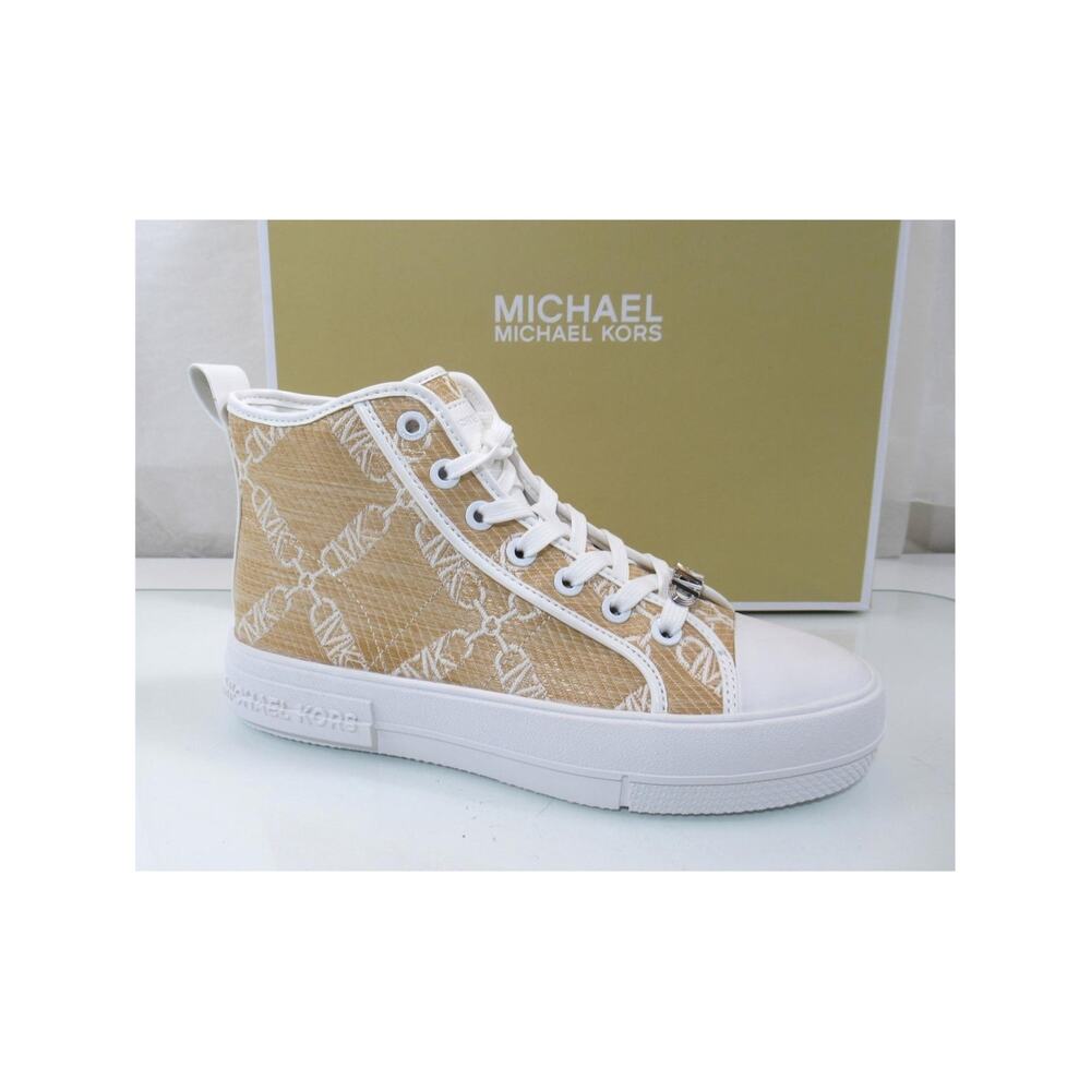 Michael Kors Evy High Top Lace Up Sneaker Empire Signature Logo Natural Size 7.5